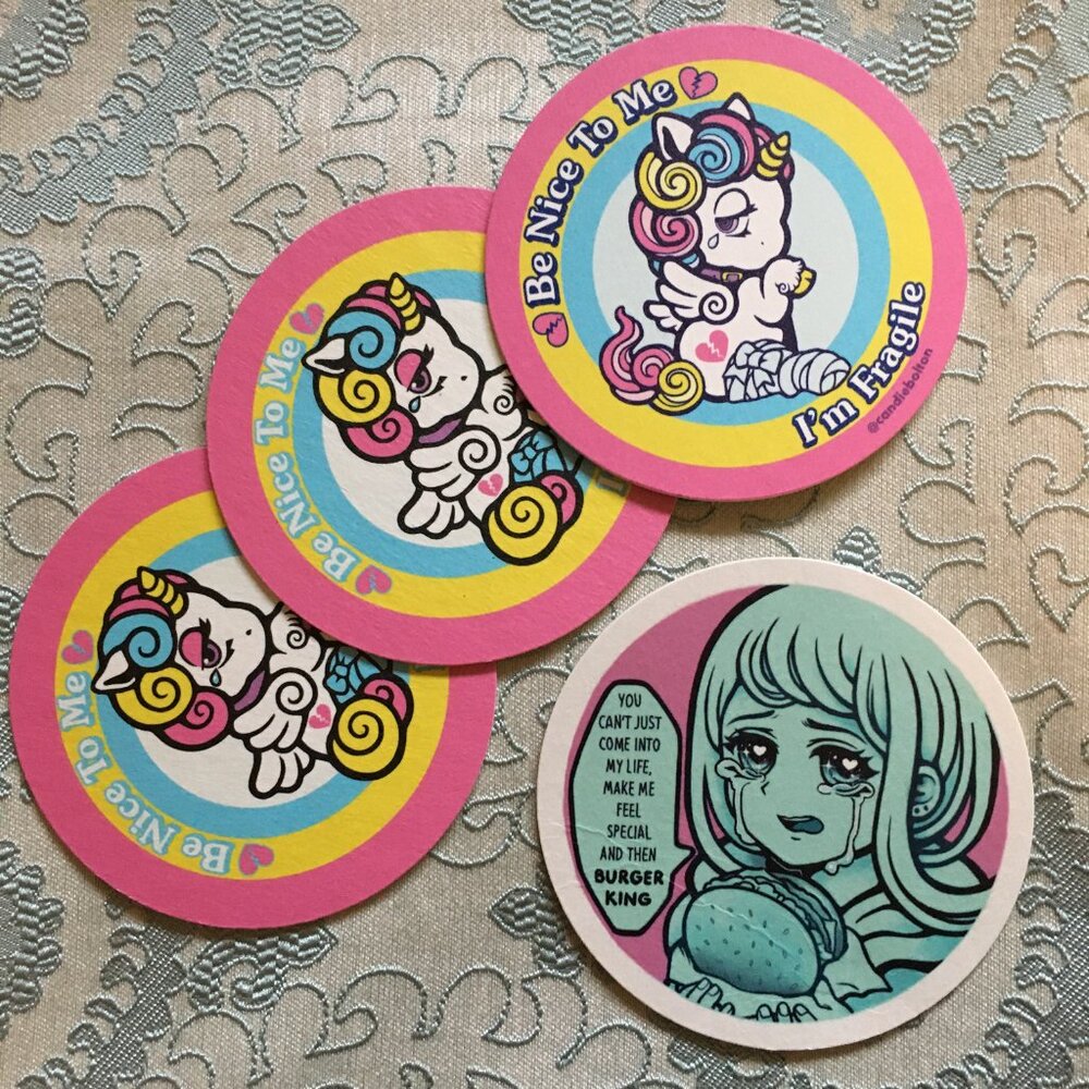Retro Artsy Set of 4 Unicorn and Burger King Girl Paper Coasters